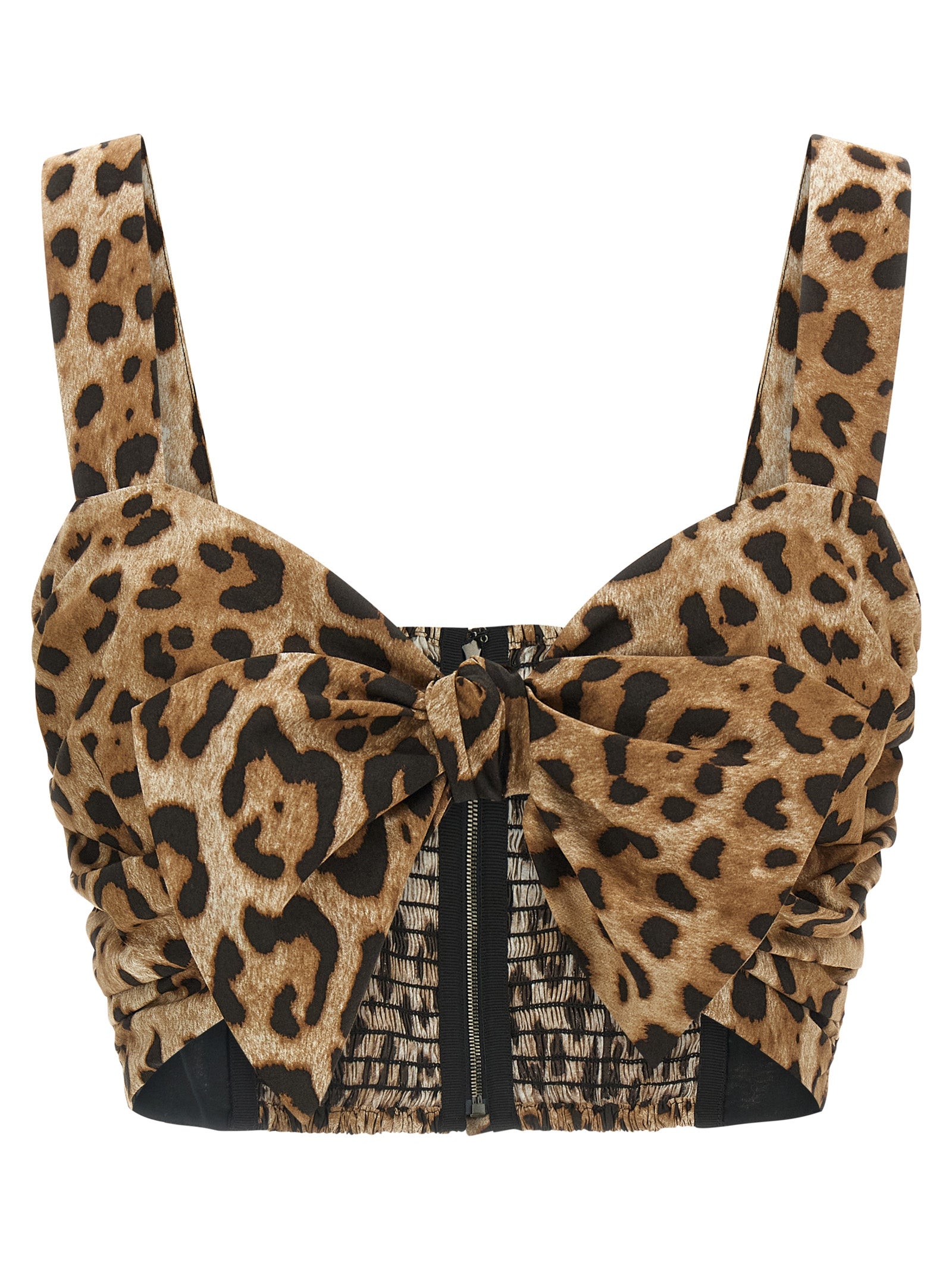 Dolce & Gabbana Brown Cotton Leopard Print Bow Crop Top