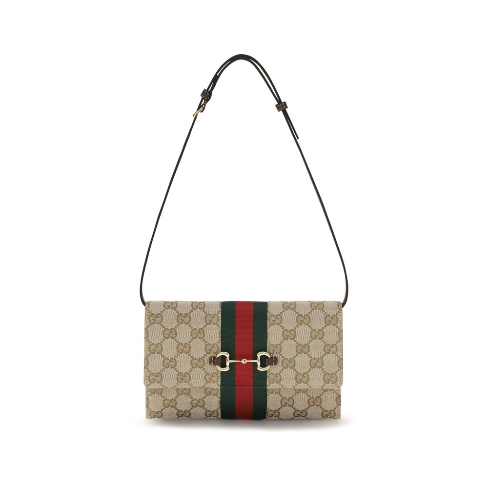 Gucci Brown Horsebit Web Wallet with Shoulder Strap