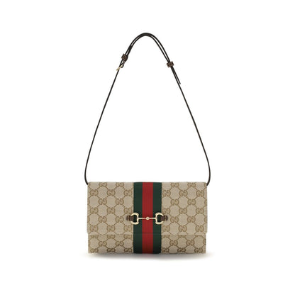 Gucci Brown Horsebit Web Wallet with Shoulder Strap