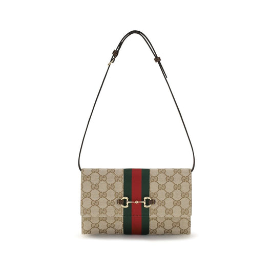 Gucci Brown Horsebit Web Wallet with Shoulder Strap