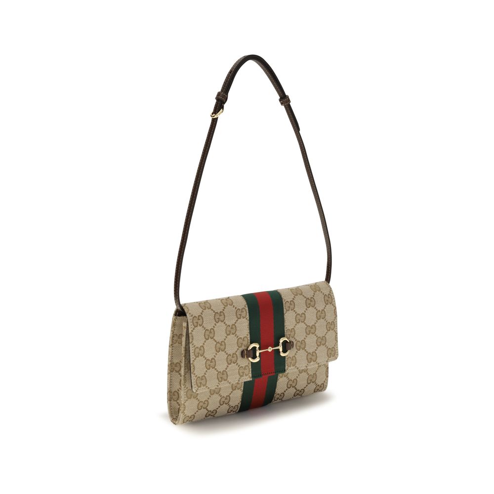 Gucci Brown Horsebit Web Wallet with Shoulder Strap