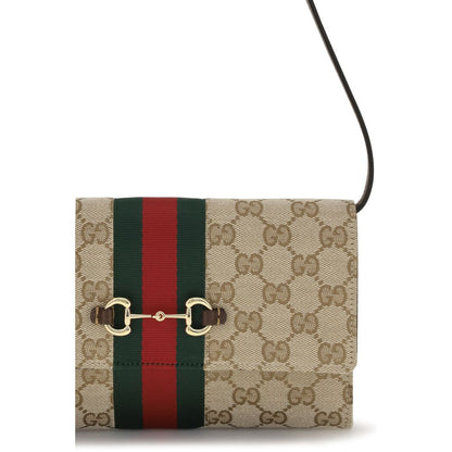 Gucci Brown Horsebit Web Wallet with Shoulder Strap