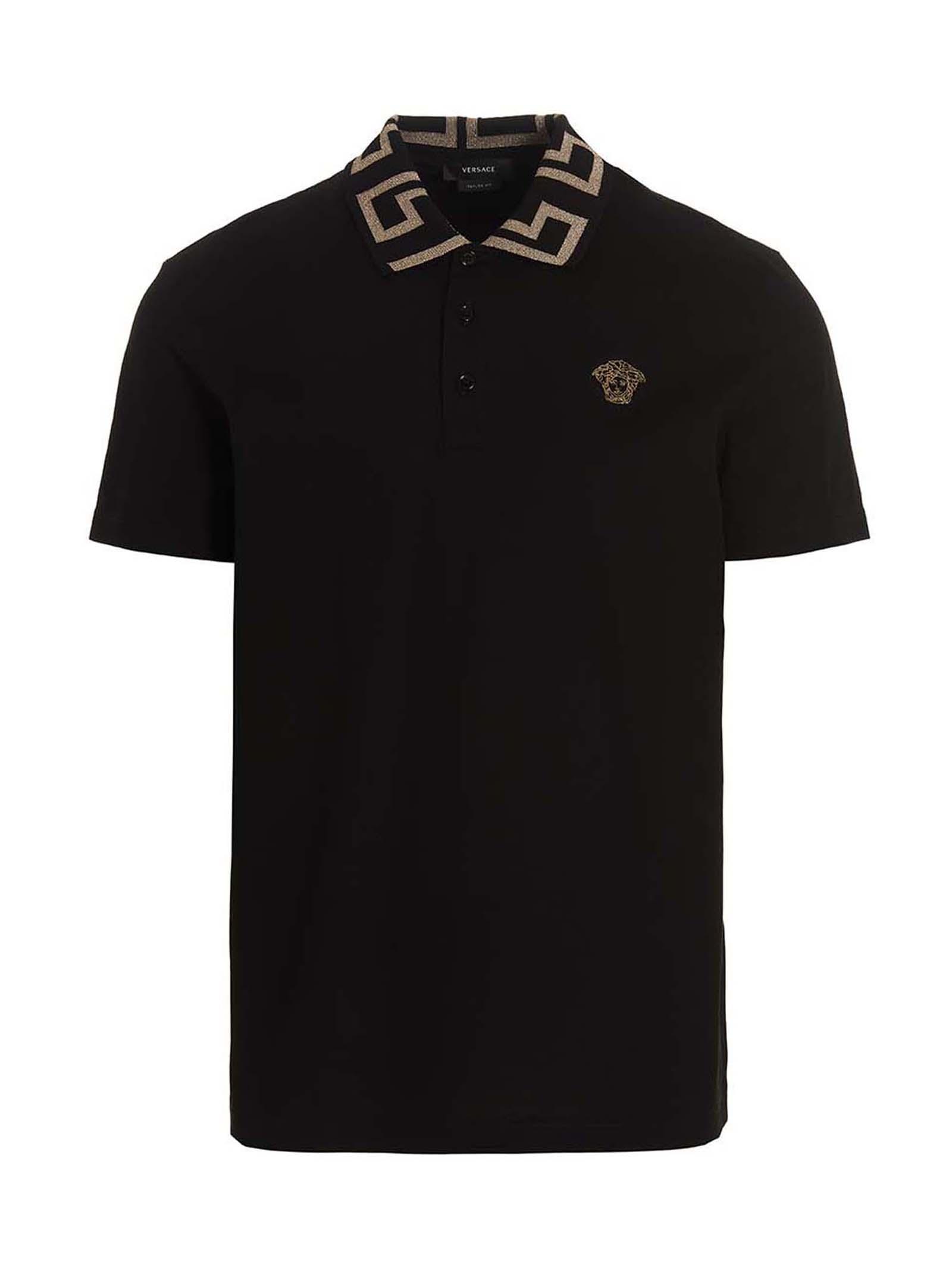 Versace Black Piqué Cotton Polo Shirt with Greca Detail