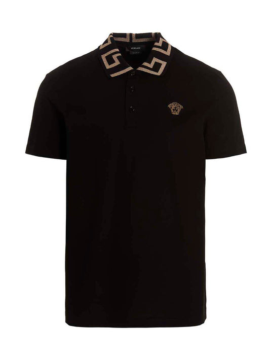 Versace Black Piqué Cotton Polo Shirt with Greca Detail