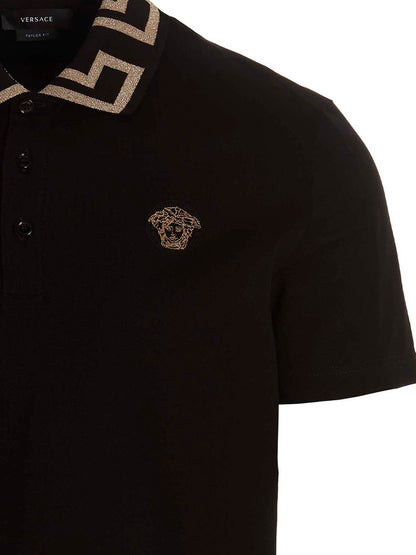 Versace Black Piqué Cotton Polo Shirt with Greca Detail