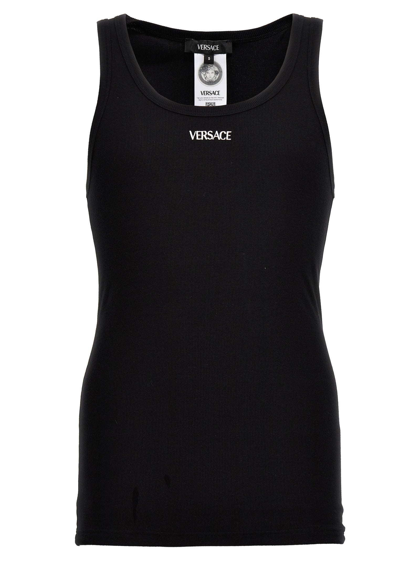 Versace Black Cotton Sleeveless T-Shirt with Embroidered Logo