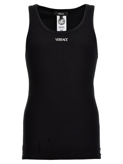 Versace Black Cotton Sleeveless T-Shirt with Embroidered Logo