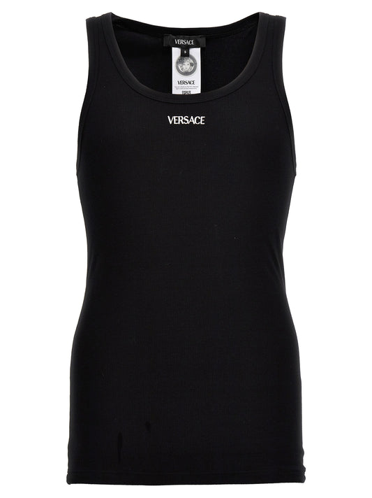 Versace Black Cotton Sleeveless T-Shirt with Embroidered Logo