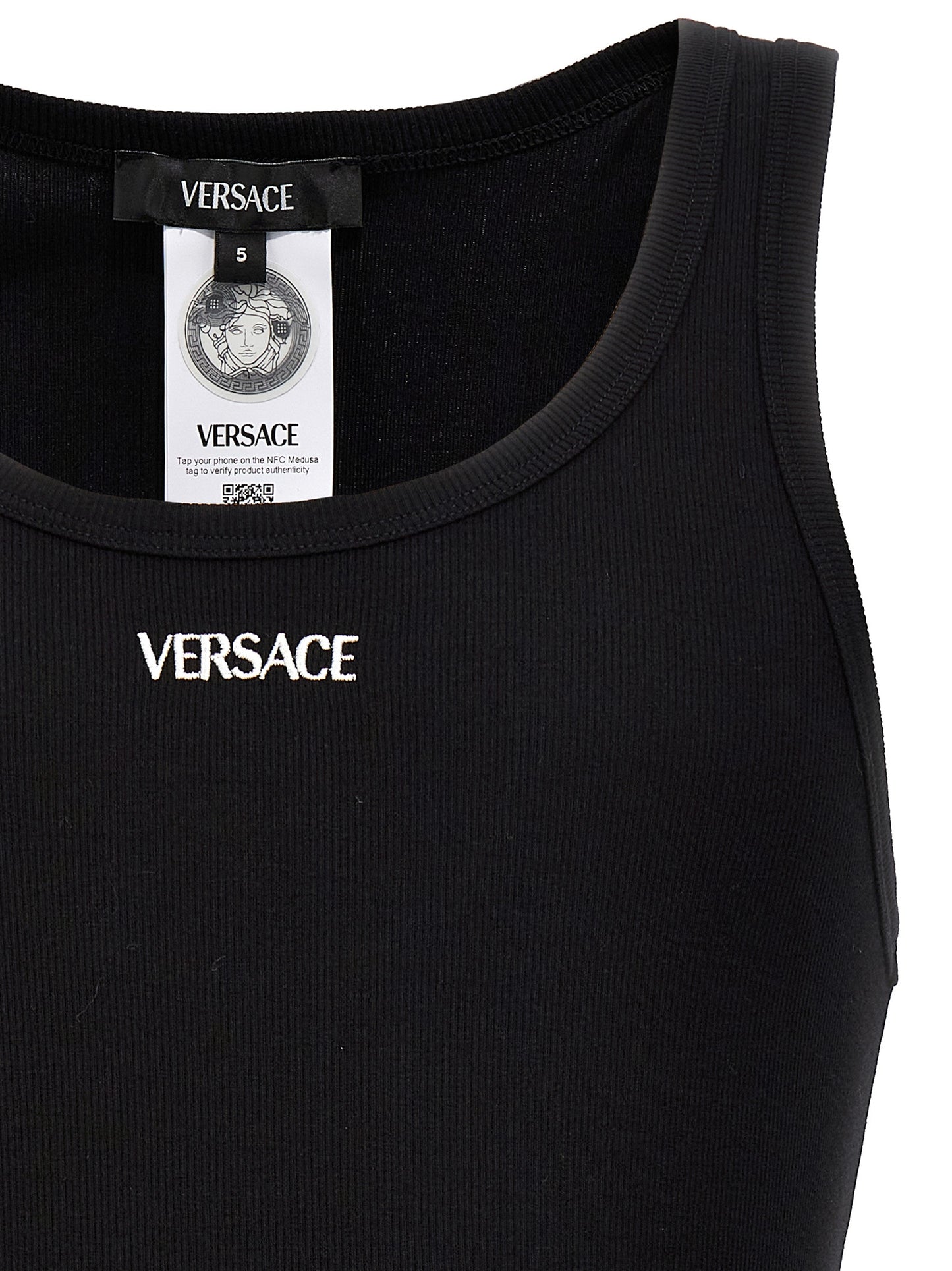 Versace Black Cotton Sleeveless T-Shirt with Embroidered Logo