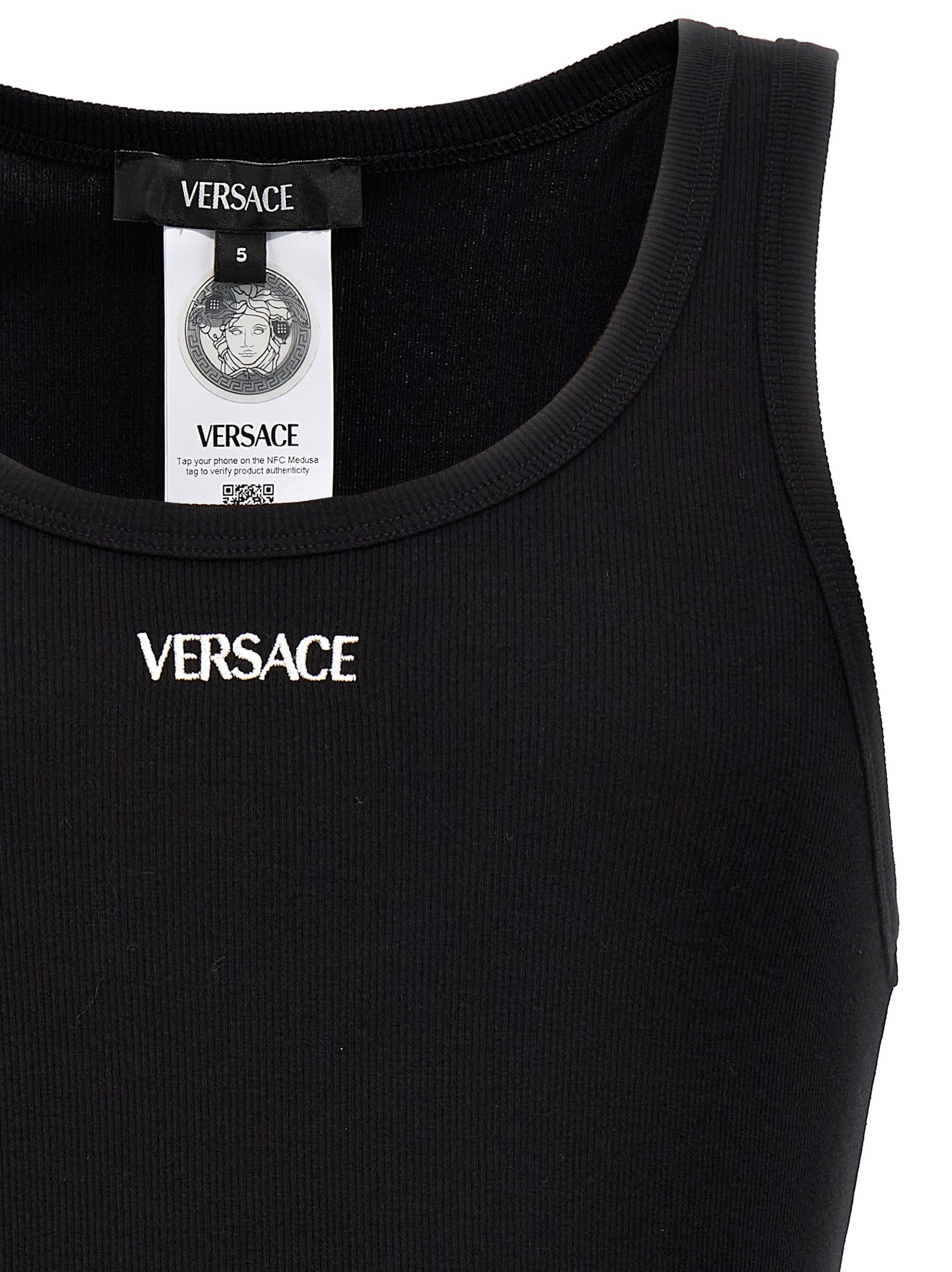 Versace Black Cotton Sleeveless T-Shirt with Embroidered Logo