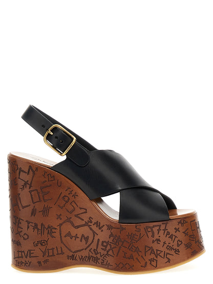 Chloé Black Calfskin Wedge Sandals - Maxime