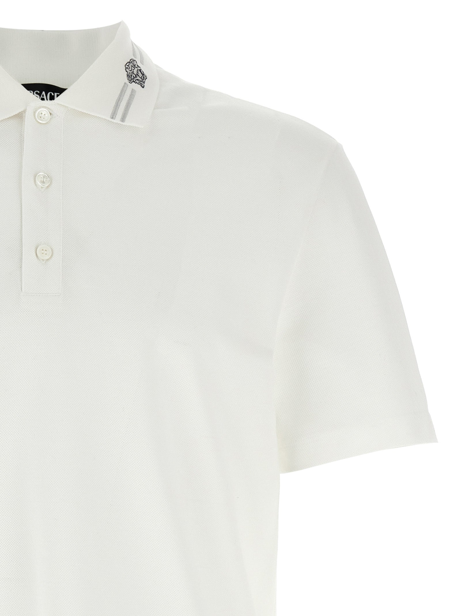 Versace White Cotton Piqué Polo Shirt with Medusa Embroidery