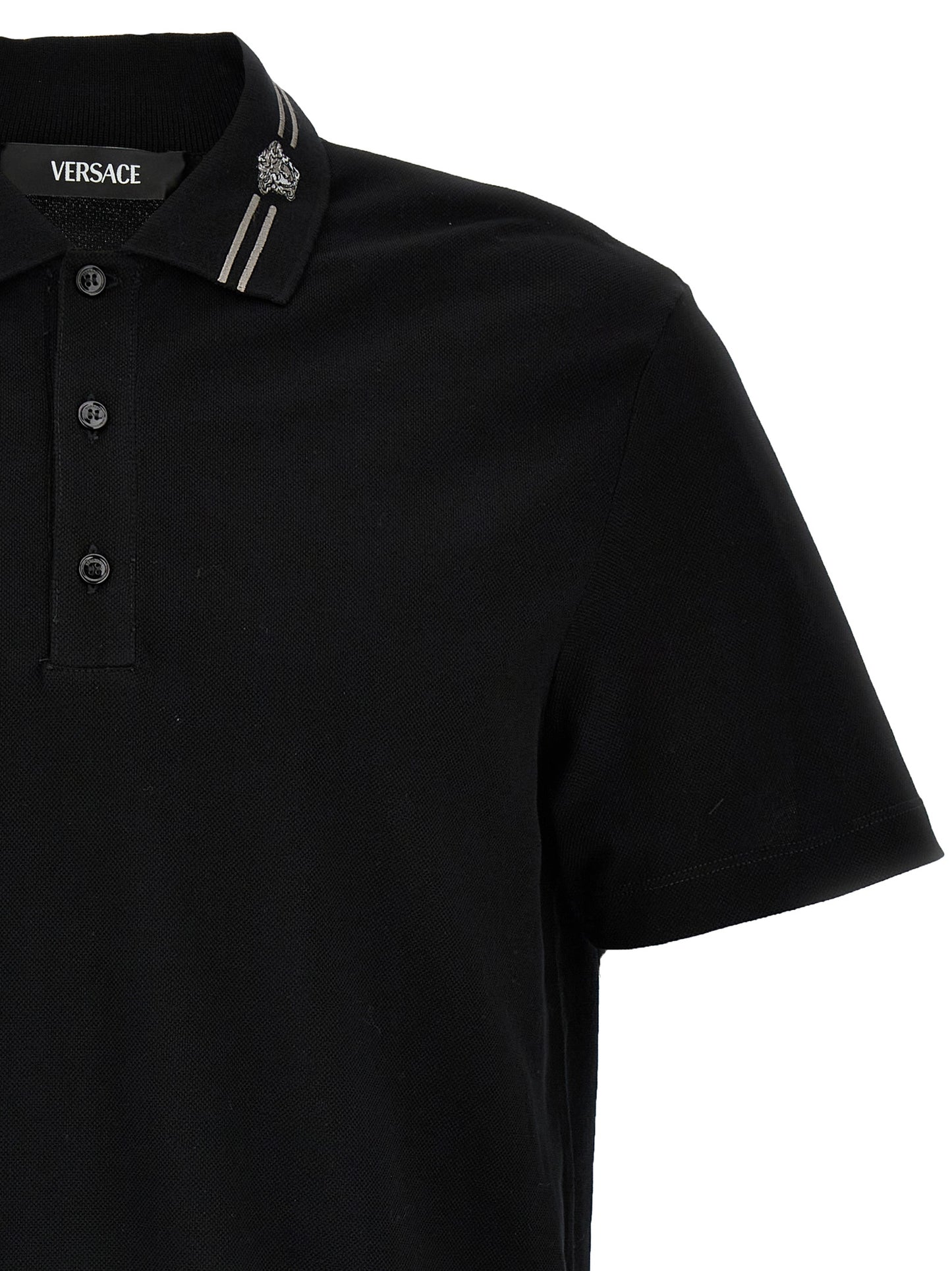 Versace Black Cotton Piqué Polo Shirt with Medusa Embroidery