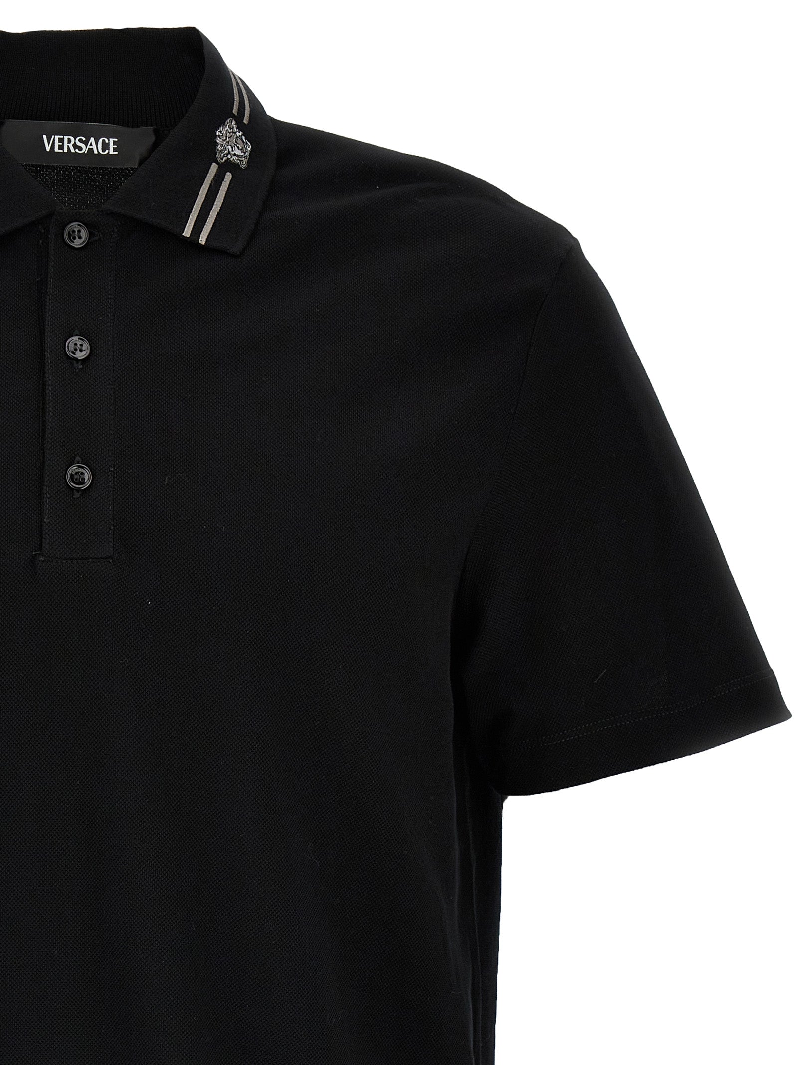 Versace Black Cotton Piqué Polo Shirt with Medusa Embroidery