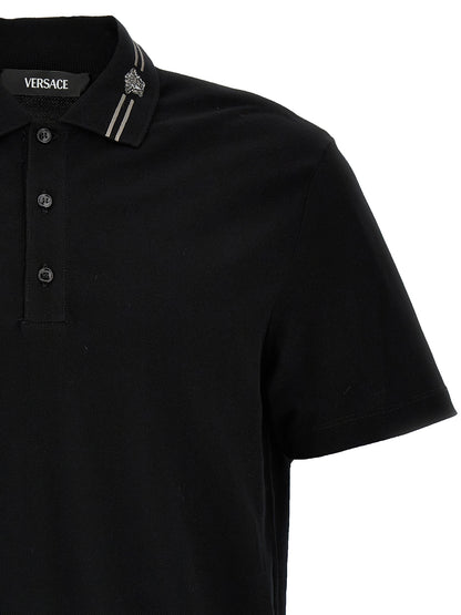 Versace Black Cotton Piqué Polo Shirt with Medusa Embroidery