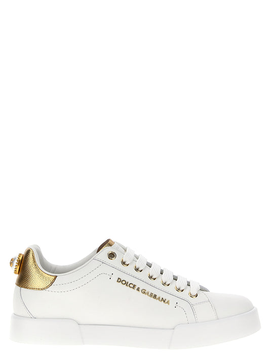 Dolce & Gabbana White & Gold Calfskin Low Top Portofino Sneakers
