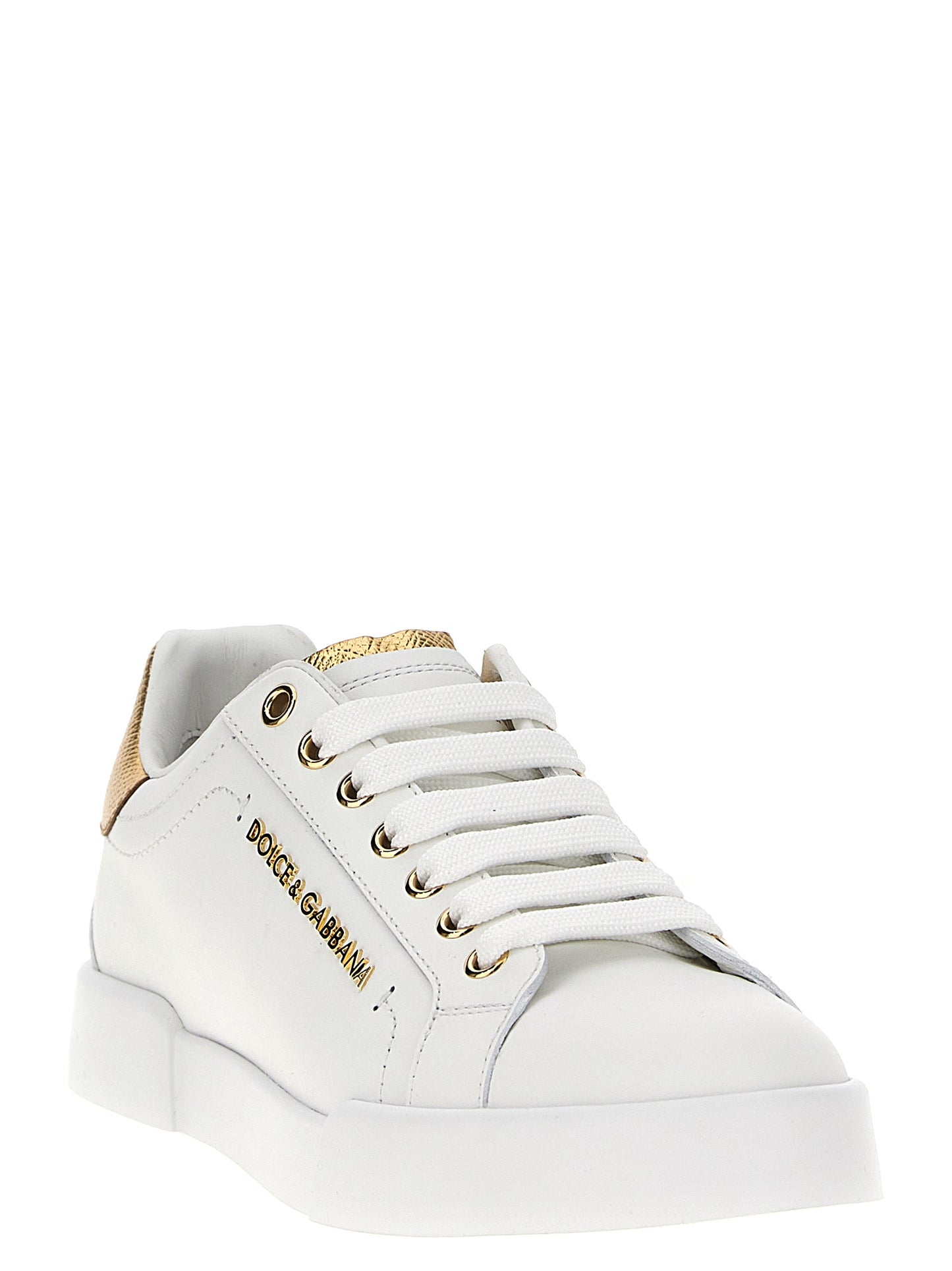 Dolce & Gabbana White & Gold Calfskin Low Top Portofino Sneakers