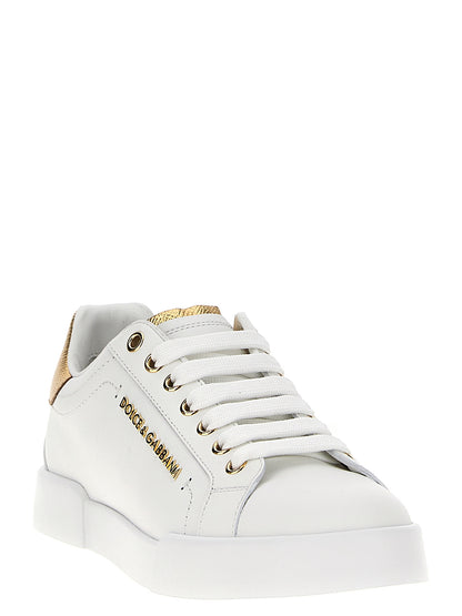 Dolce & Gabbana White & Gold Calfskin Low Top Portofino Sneakers