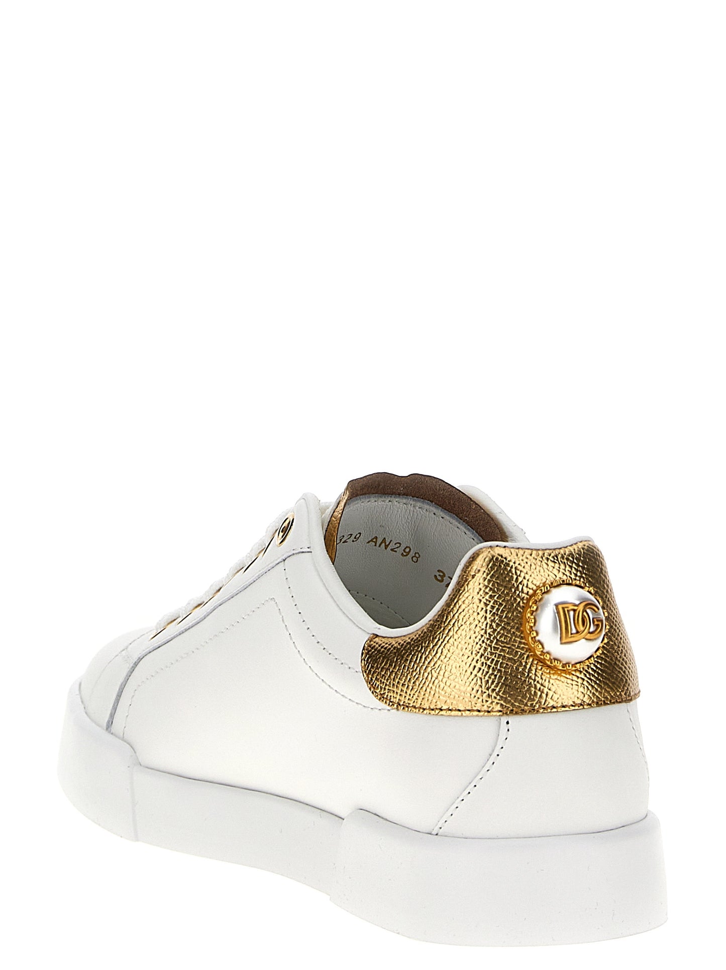 Dolce & Gabbana White & Gold Calfskin Low Top Portofino Sneakers