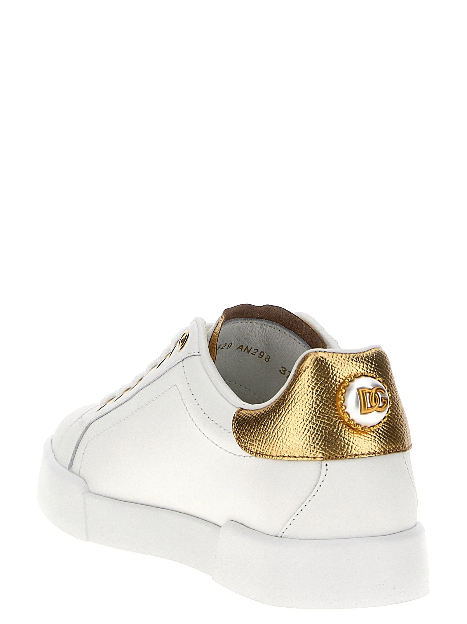 Dolce & Gabbana White & Gold Calfskin Low Top Portofino Sneakers