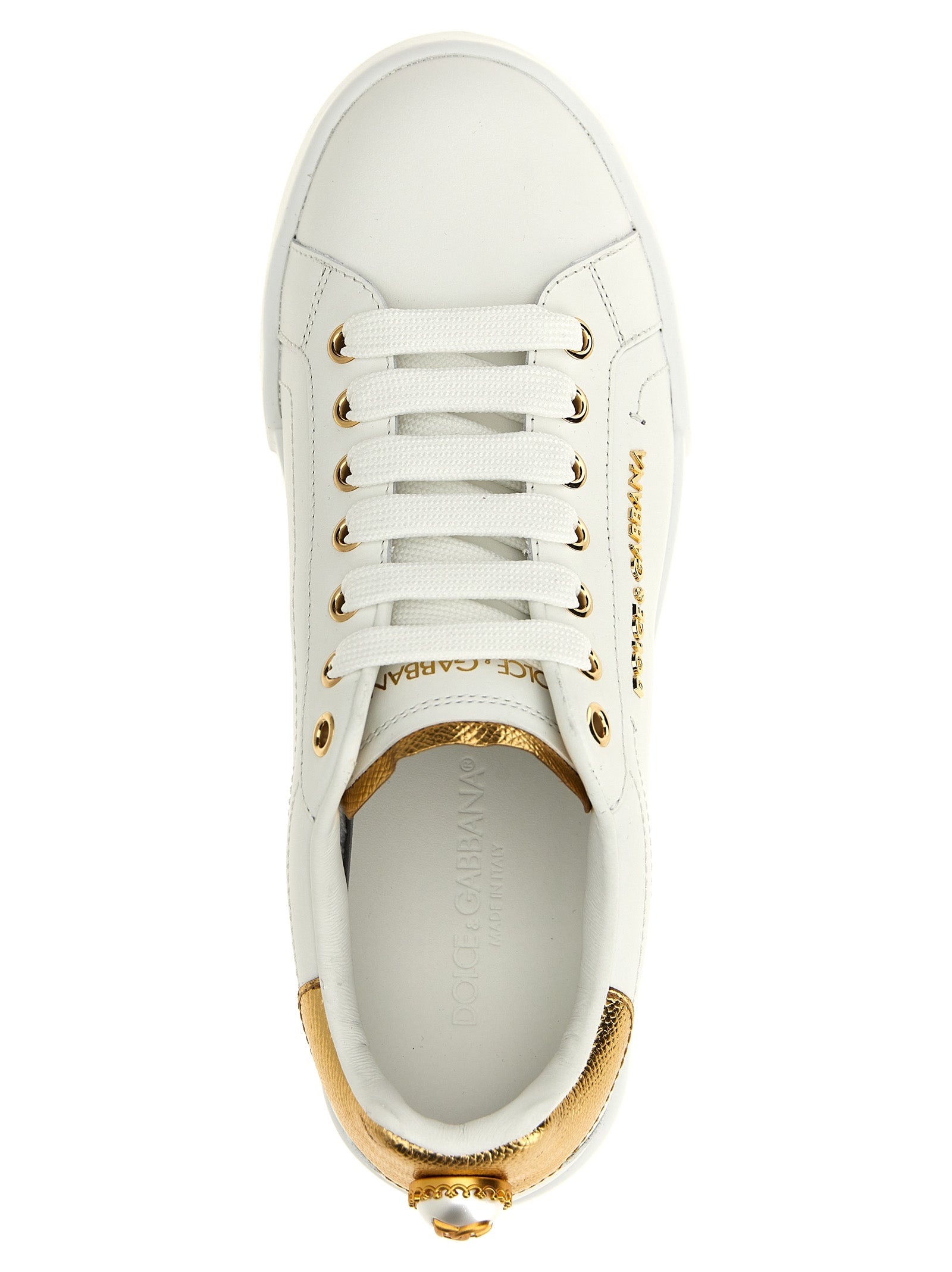 Dolce & Gabbana White & Gold Calfskin Low Top Portofino Sneakers