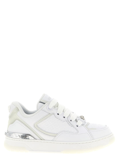 Versace White Calfskin Biggie Basket Low Top Sneakers