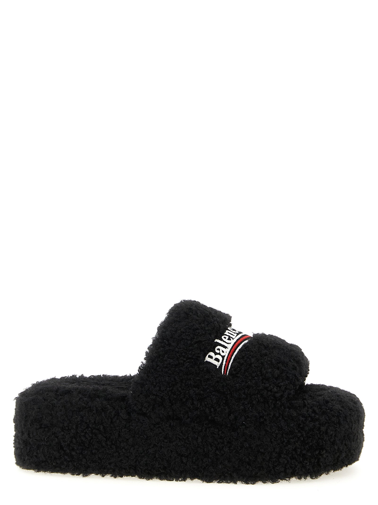 Balenciaga Furry Platform Slides - Black Polyester