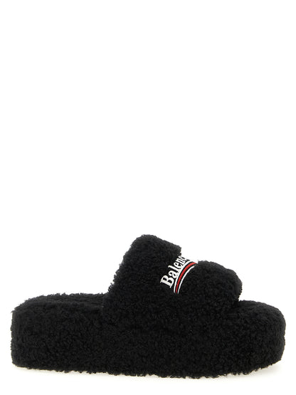 Balenciaga Furry Platform Slides - Black Polyester