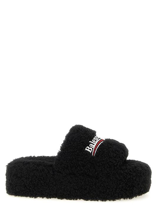 Balenciaga Furry Platform Slides - Black Polyester