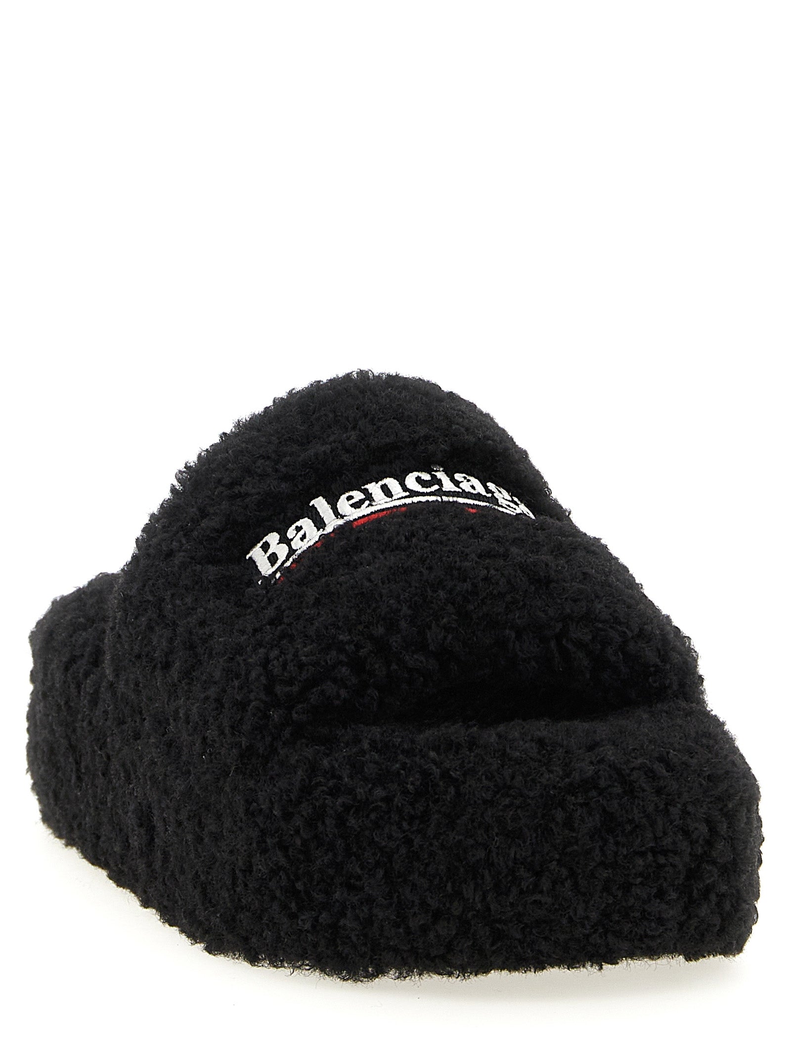 Balenciaga Furry Platform Slides - Black Polyester