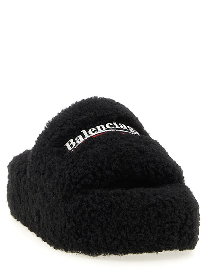 Balenciaga Furry Platform Slides - Black Polyester