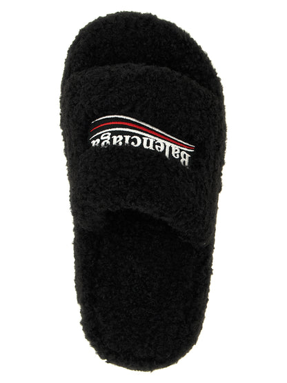Balenciaga Furry Platform Slides - Black Polyester