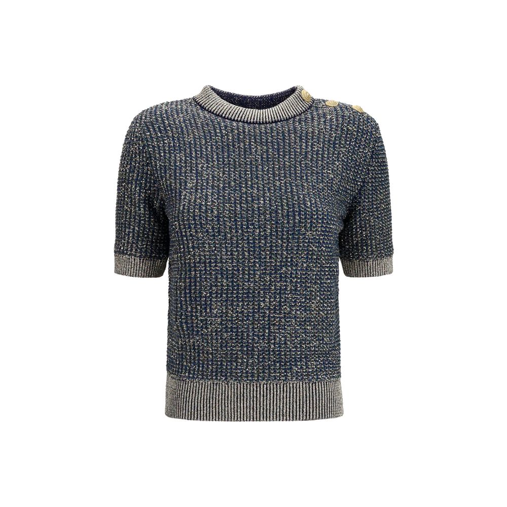 Balmain Blue Polyamide Short-Sleeve Sequined Sweater with Buttons
