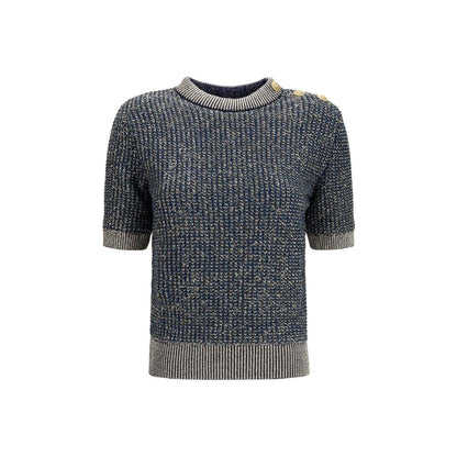 Balmain Blue Polyamide Short-Sleeve Sequined Sweater with Buttons