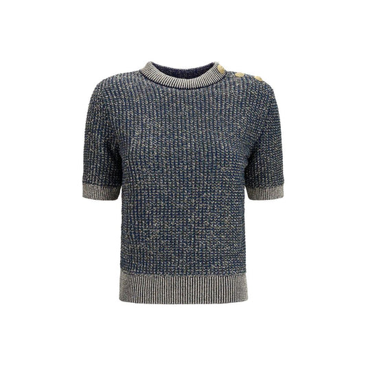 Balmain Blue Polyamide Short-Sleeve Sequined Sweater with Buttons