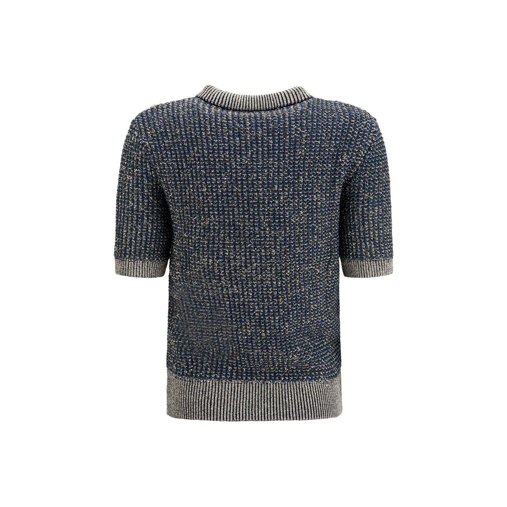 Balmain Blue Polyamide Short-Sleeve Sequined Sweater with Buttons