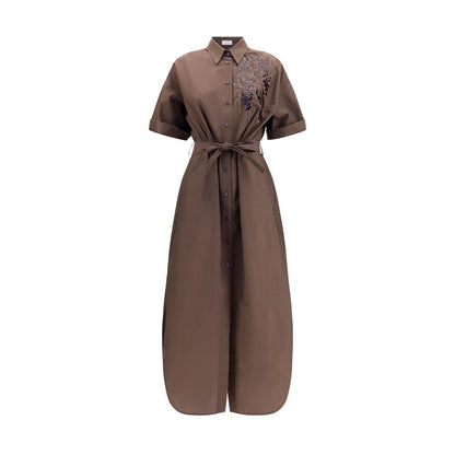 Brunello Cucinelli Brown Cotton Sequin Detail Shirt Dress