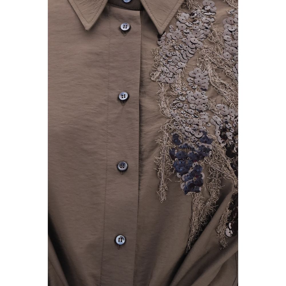Brunello Cucinelli Brown Cotton Sequin Detail Shirt Dress