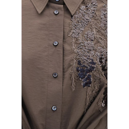 Brunello Cucinelli Brown Cotton Sequin Detail Shirt Dress