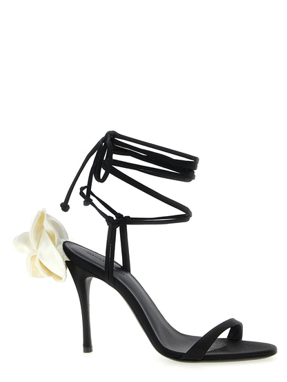 Magda Butrym Black & Ivory Flower Satin Stiletto Heel Sandals