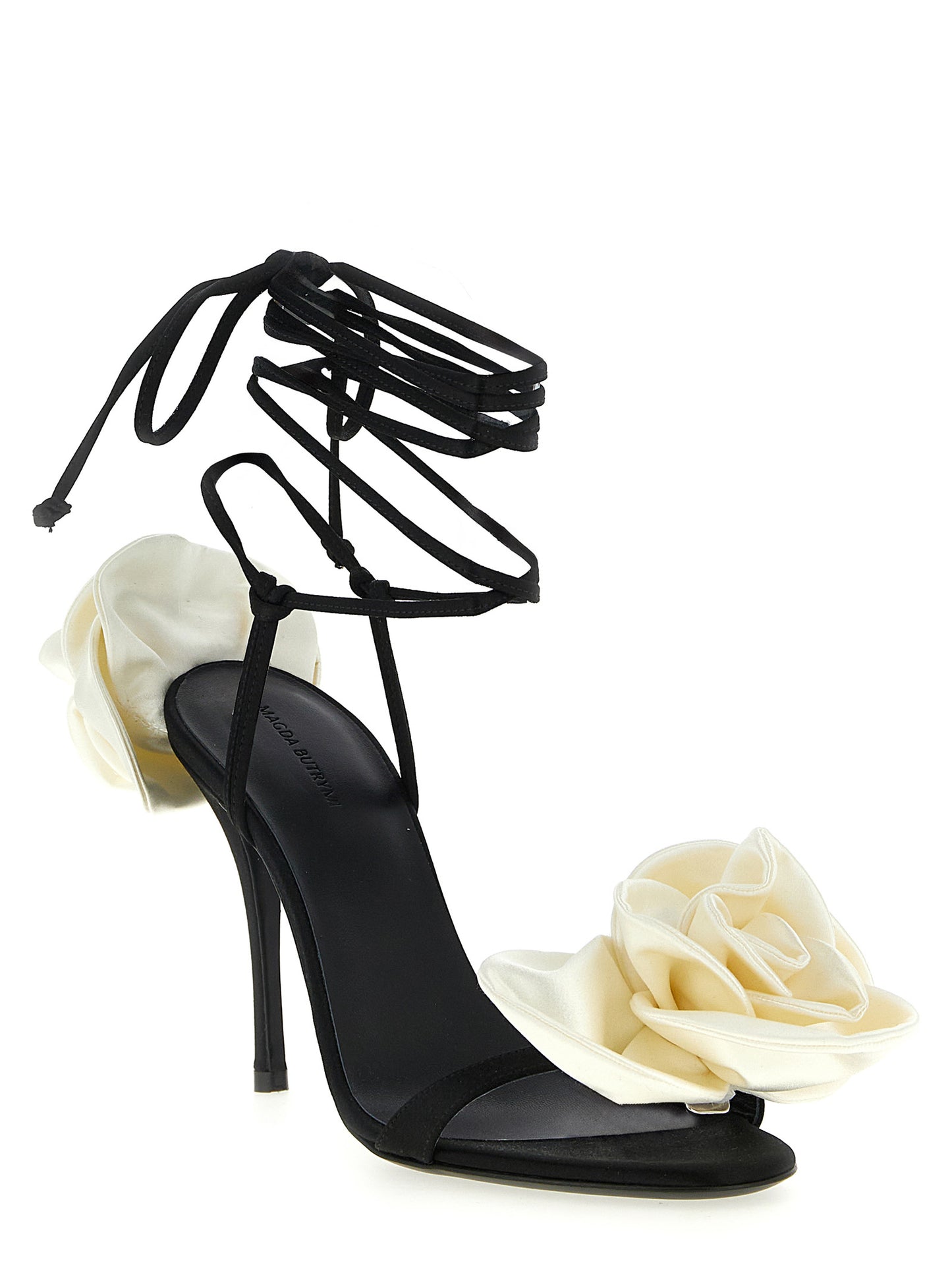 Magda Butrym Black & Ivory Flower Satin Stiletto Heel Sandals