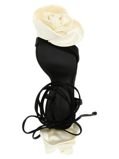 Magda Butrym Black & Ivory Flower Satin Stiletto Heel Sandals