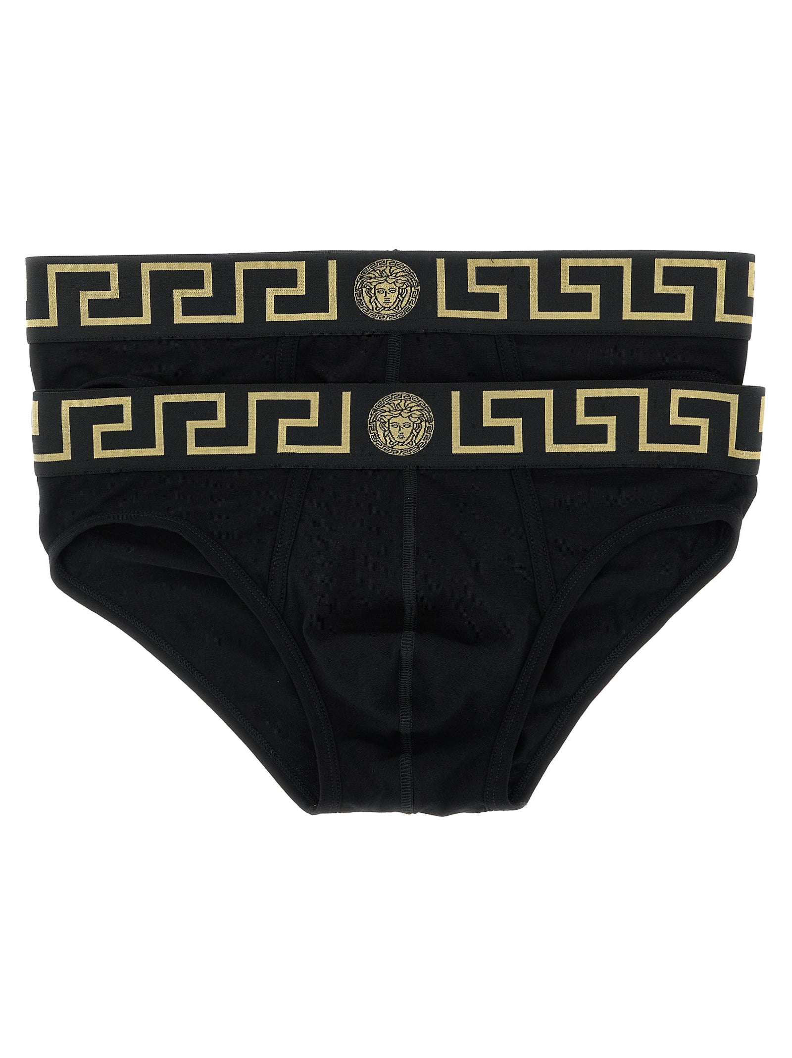 Versace Black Greca Stretch Cotton Briefs - 2-Pack Set