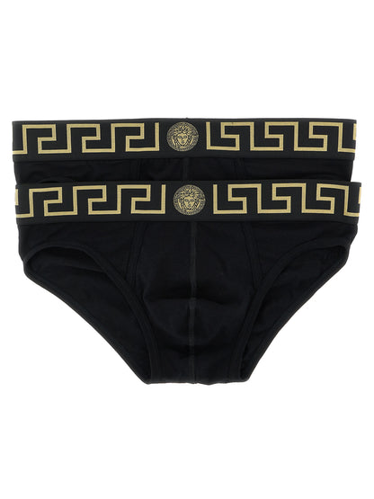 Versace Black Greca Stretch Cotton Briefs - 2-Pack Set