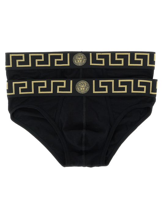 Versace Black Greca Stretch Cotton Briefs - 2-Pack Set