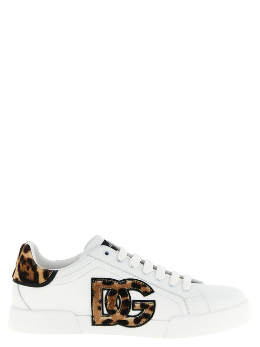 Dolce & Gabbana White & Brown Leopard Portofino Light Strobel Calfskin Low Top Sneakers