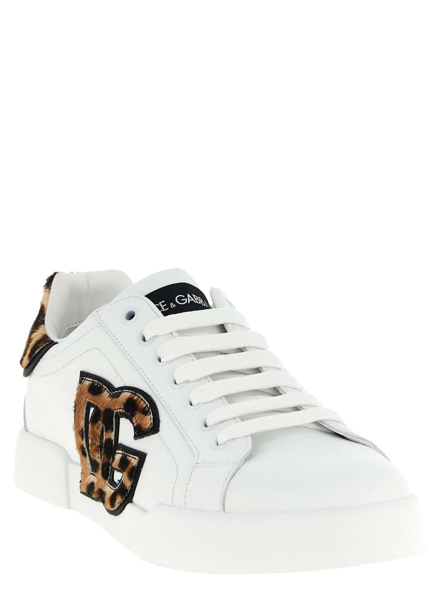 Dolce & Gabbana White & Brown Leopard Portofino Light Strobel Calfskin Low Top Sneakers