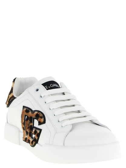 Dolce & Gabbana White & Brown Leopard Portofino Light Strobel Calfskin Low Top Sneakers