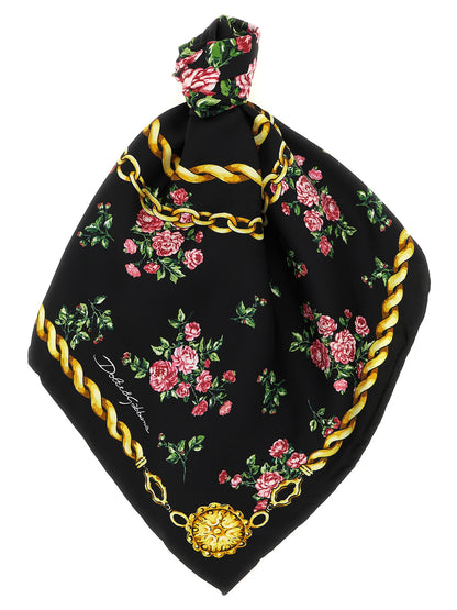 Dolce & Gabbana Black Silk Scarf - Mazzolini di Rose Print