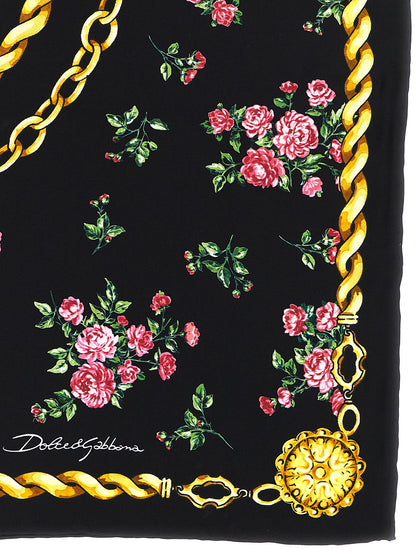 Dolce & Gabbana Black Silk Scarf - Mazzolini di Rose Print